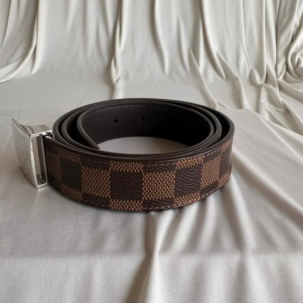 Louis Vuitton Damier Ebene Belt - Brown Checkered Canvas, Silver Buckle, Size 36